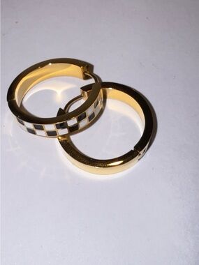 Gold Plated Black White Checkerboard Huggie Hoop Earrings